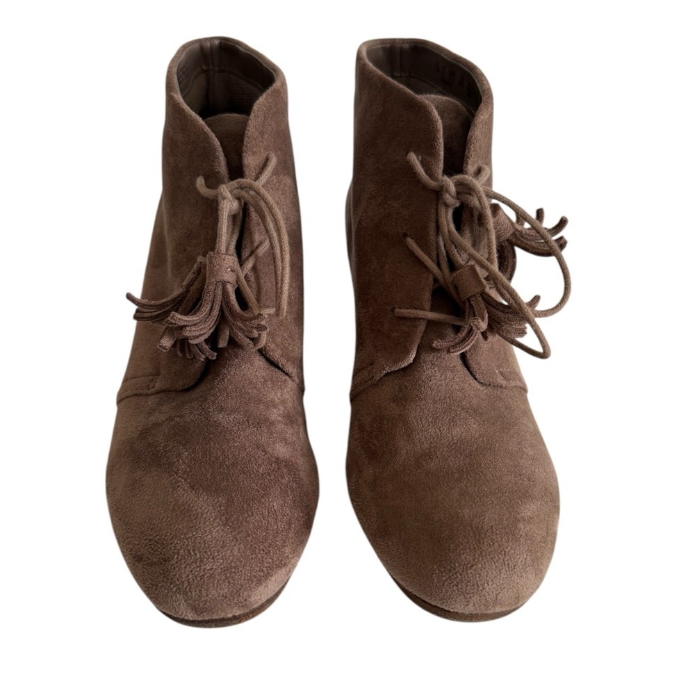 Dr. Scholl’s Dakota Taupe Brown Suede Ankle Booties with Wedge Heel Lace-Up - Picture 2 of 10